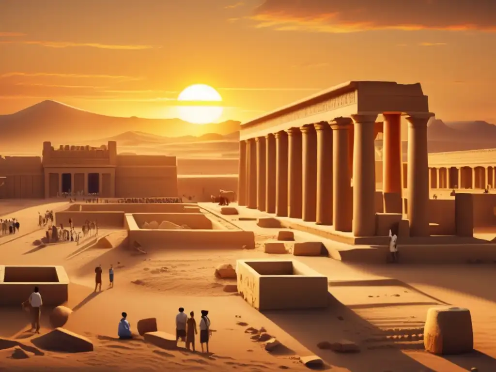 Descubrimientos recientes en Amarna: Ruinas de la antigua ciudad iluminadas por el cálido resplandor dorado del atardecer