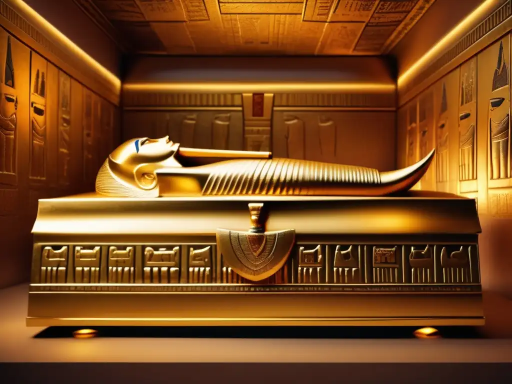 Descubrimientos recientes tumba Tutankamón: En una cámara iluminada con tenue luz dorada, reposa el magnífico sarcófago de Tutankamón, adornado con jeroglíficos e símbolos intrincados