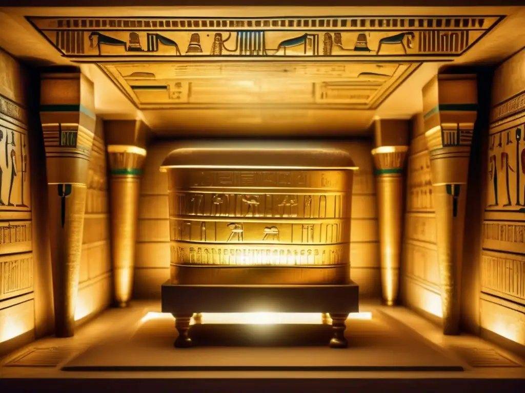 Descubrimientos recientes en la tumba de Tutankamón: una cámara iluminada débilmente revela un sarcófago dorado, adornado con símbolos y jeroglíficos antiguos