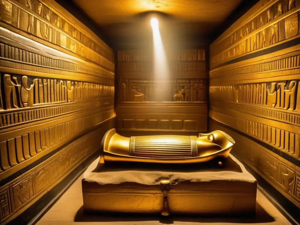 Descubrimientos recientes en la tumba de Tutankamón: el misterio y la fascinación de la antigüedad despiertan al contemplar el sarcófago dorado rodeado de jeroglíficos tallados y tesoros egipcios