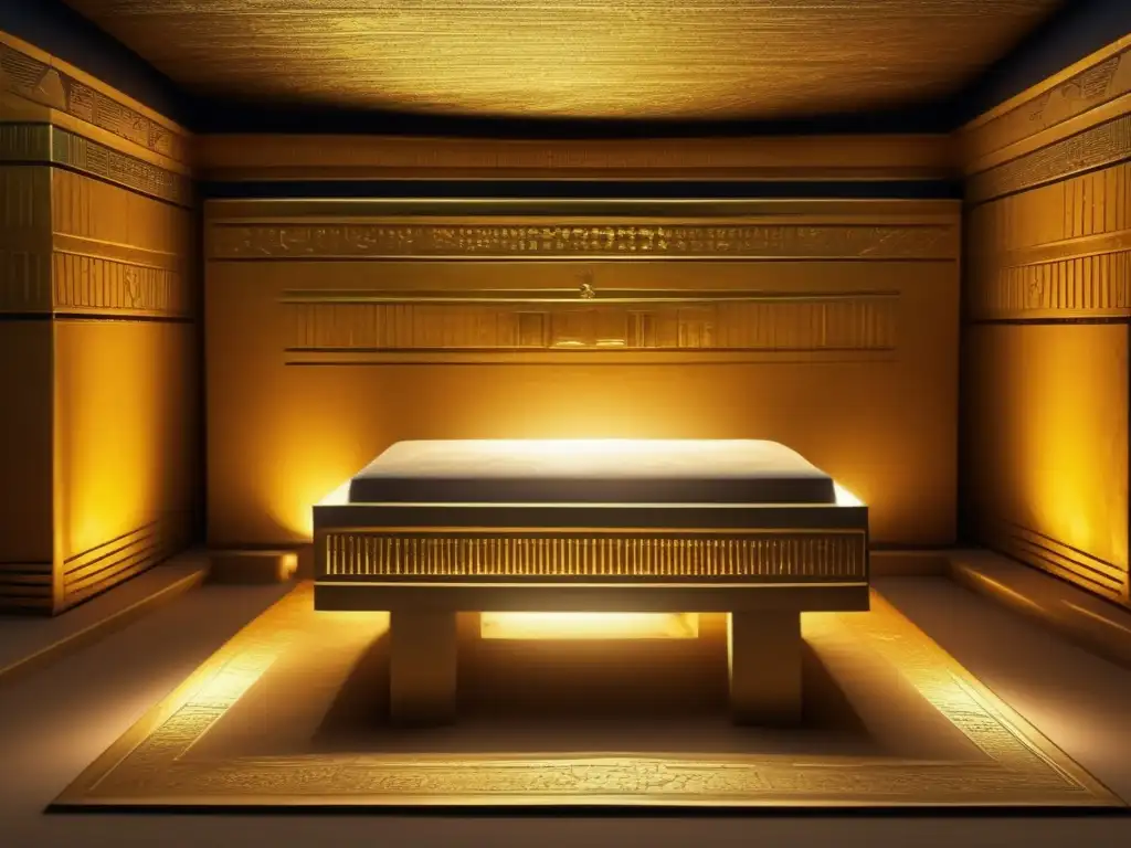 Descubrimientos Tesoro Tutankamón: Misteriosa cámara del antiguo e imponente sarcófago, iluminada por suaves rayos de luz dorada