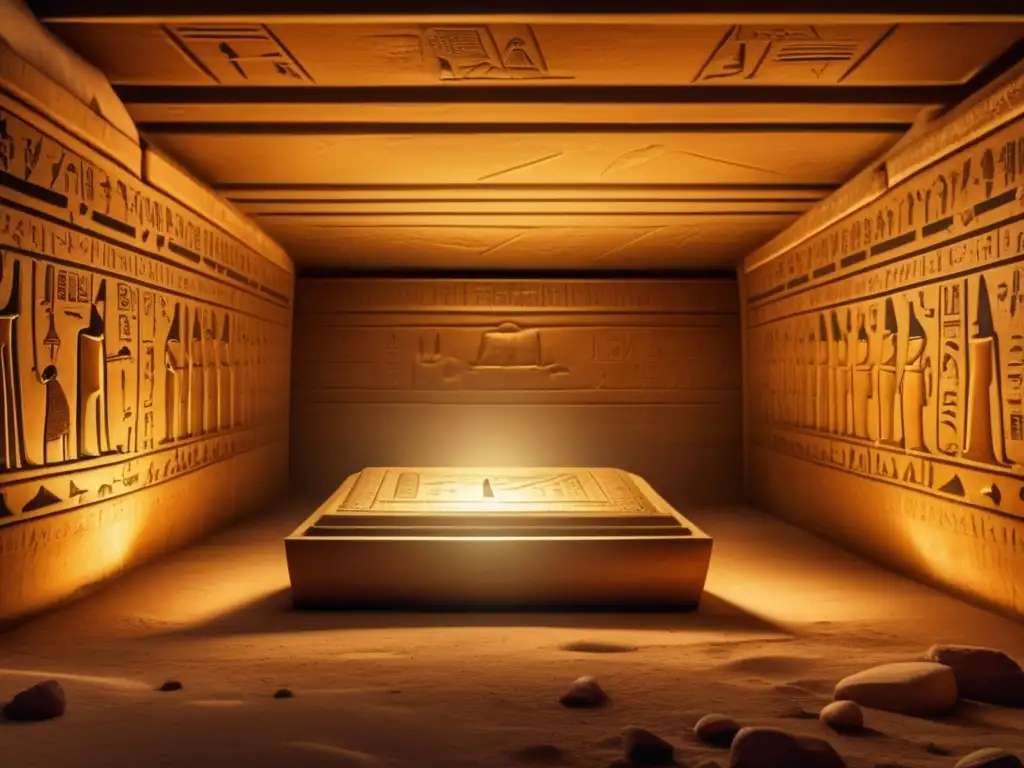 Descubrimientos en la tumba del Faraón: Una cámara subterránea iluminada débilmente muestra antiguos artefactos egipcios y jeroglíficos en sus paredes