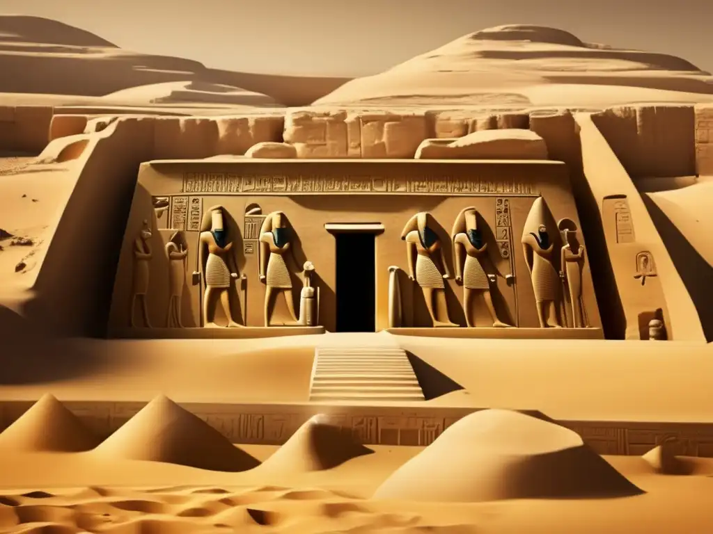 Descubrimientos en la tumba del Faraón: Una cautivadora imagen vintage de una antigua tumba egipcia del Segundo Periodo Intermedio, decorada con jeroglíficos y escenas de la vida diaria y rituales religiosos