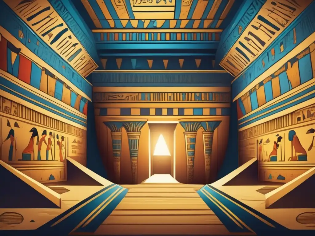 Descubrimientos en la tumba del Faraón: Una ilustración vintage detallada que muestra el interior de una majestuosa tumba egipcia