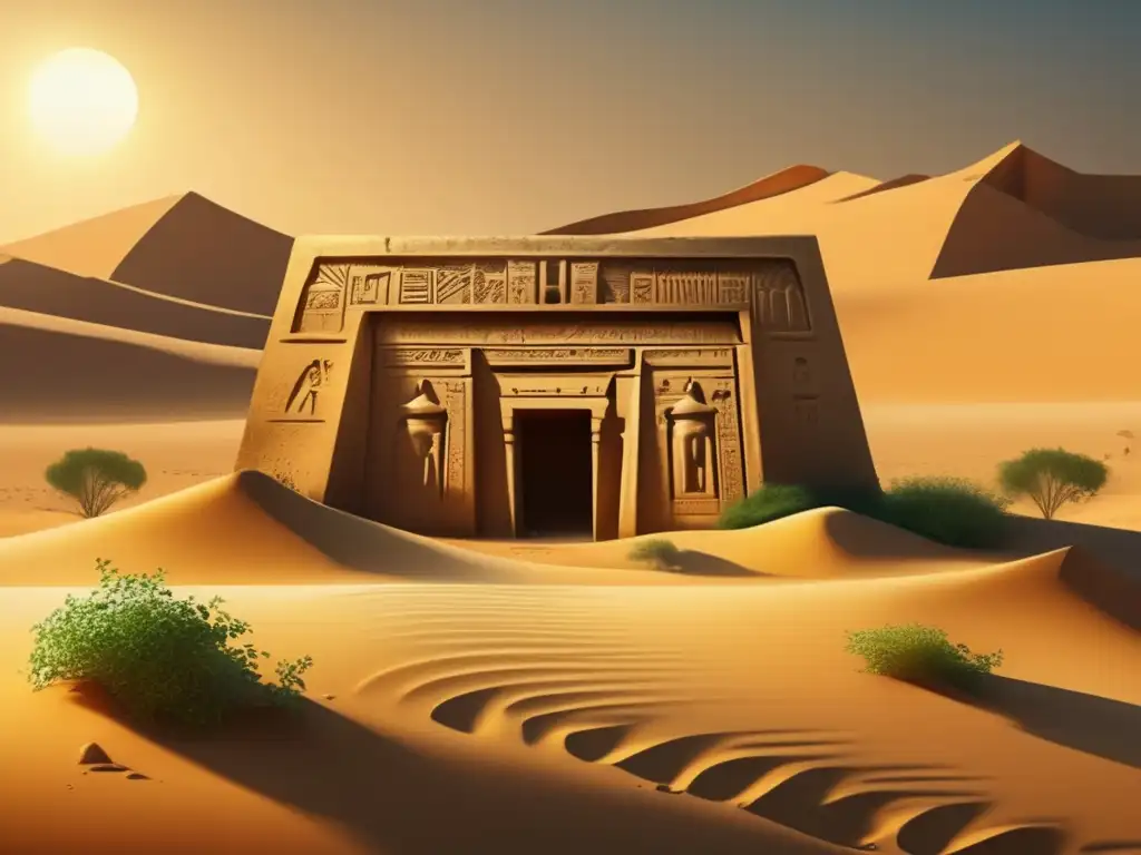Descubrimientos en la tumba del Faraón: Un antiguo sepulcro detallado emerge del desierto egipcio, bañado por la cálida luz dorada del sol