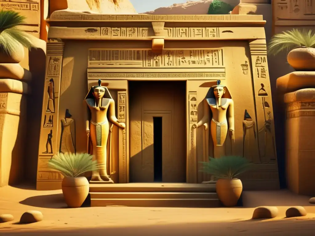 Descubrimientos en la tumba del Faraón: Una imagen vintage de una antigua tumba egipcia bañada en cálida luz dorada