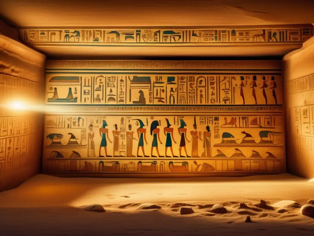 Descubrimientos en la tumba de Seti I: Increíble imagen vintage del interior iluminado, con jeroglíficos detallados y grabados en las paredes