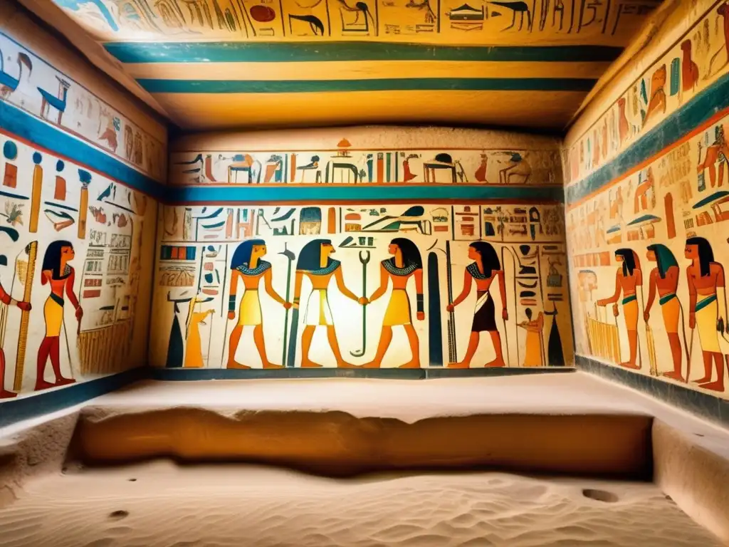 Descubrimientos en la tumba de Seti I: Intrincados murales, jeroglíficos y escenas de la mitología egipcia en sepia