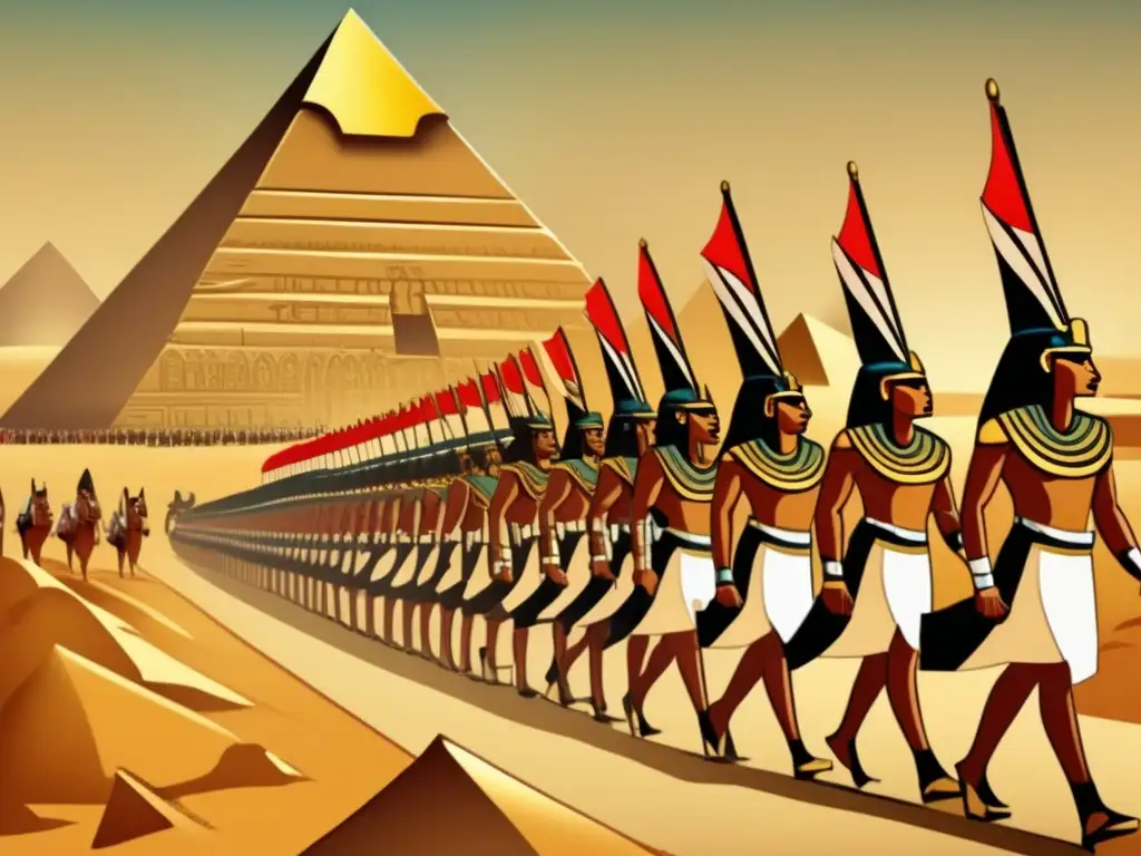 Una ilustración vintage muestra un desfile militar antiguo en Egipto, con armamento ceremonial y majestuosas pirámides