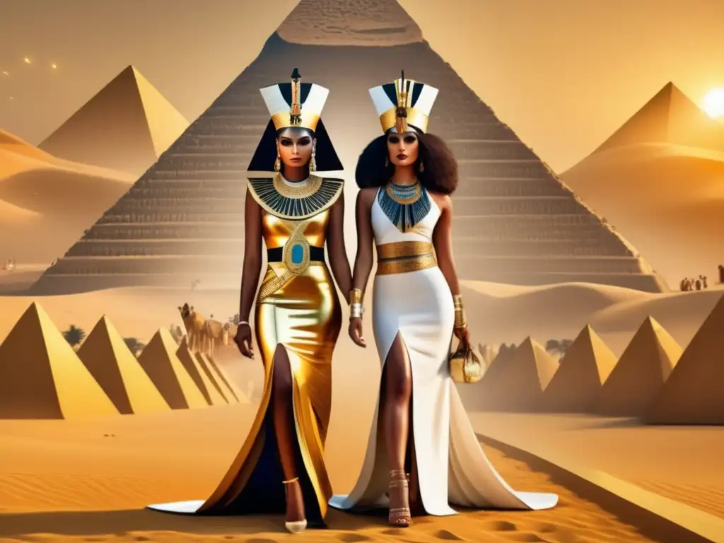 Desfile de moda inspirada en el antiguo Egipto frente a las pirámides de Giza