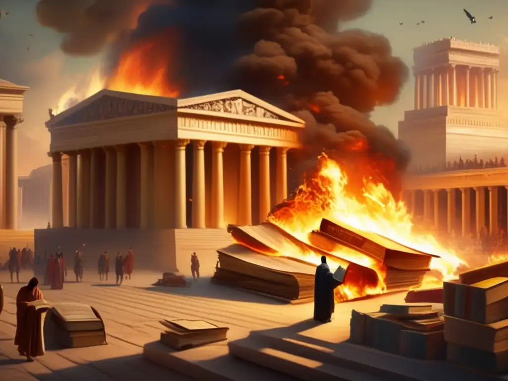 Desgarradora imagen de la Quema de la Biblioteca de Alejandría, donde las llamas devoran los antiguos libros