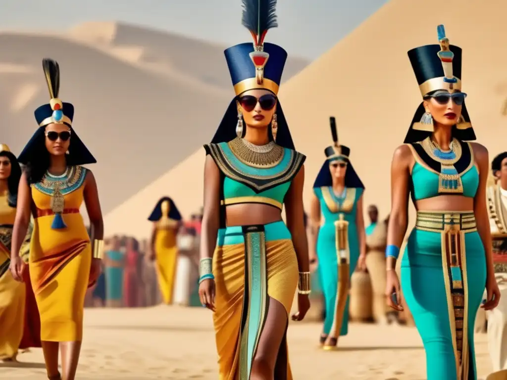 Deslumbrante desfile de moda egipcia en el Nilo, muestra de colores vibrantes y diseños intricados en vestimentas antiguas