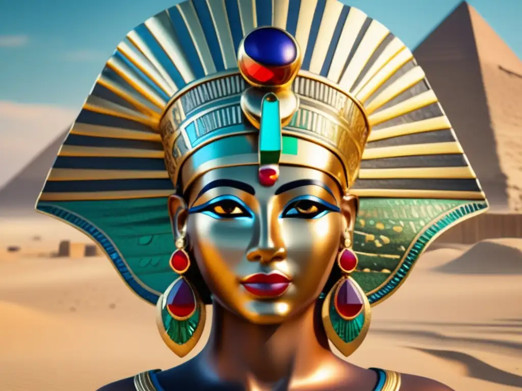 Deslumbrante hechura egipcia de oro con gemas y plumas, reflejo del significado de la vestimenta egipcia