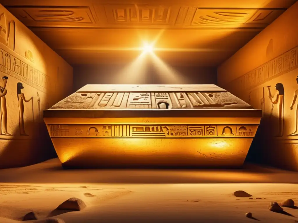 Una deslumbrante imagen vintage que muestra el interior de una antigua tumba egipcia envuelta en tonos dorados