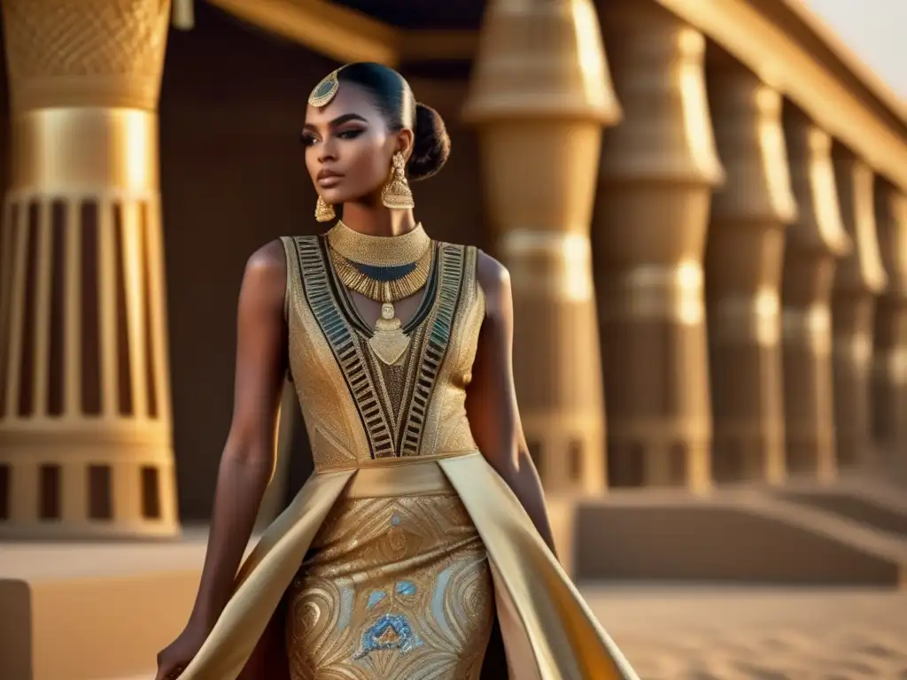 Una deslumbrante modelo luce un elegante vestido inspirado en el antiguo Egipto, con bordados dorados y joyas exquisitas