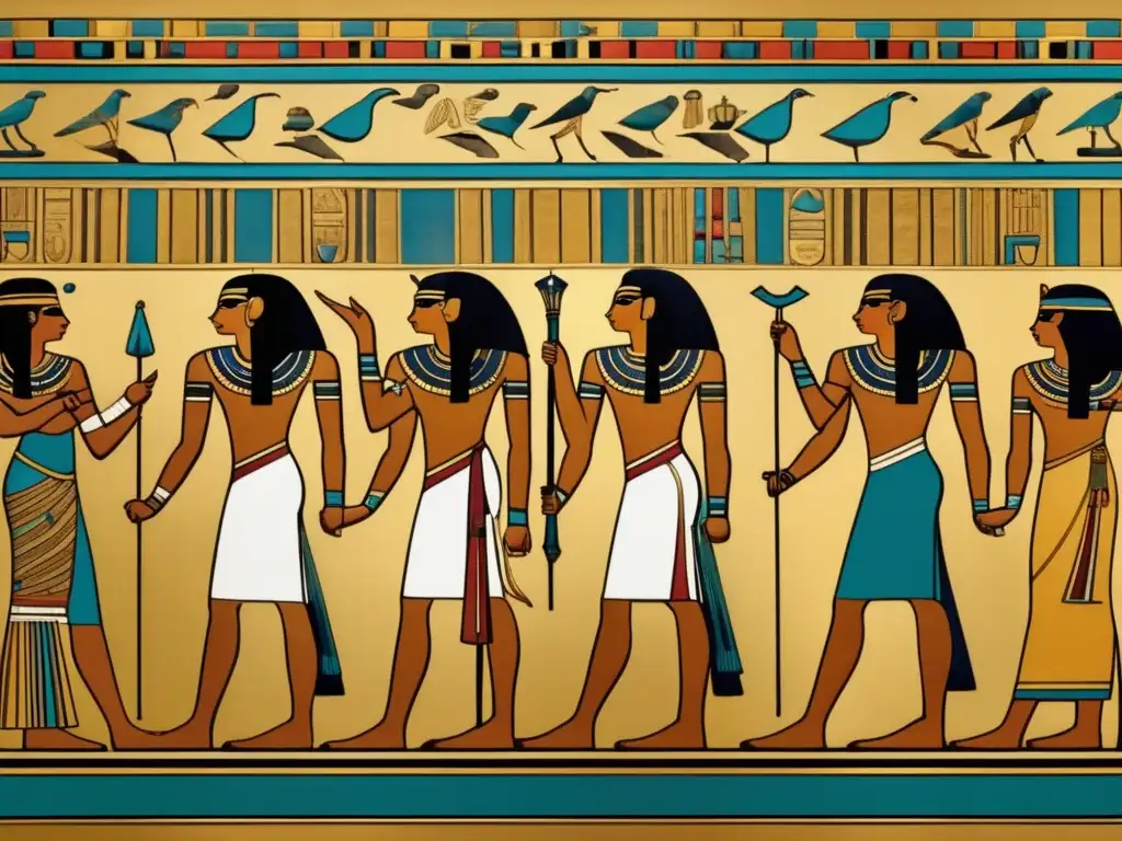 Deslumbrante mural egipcio que muestra las técnicas decorativas y materiales utilizados en el antiguo Egipto