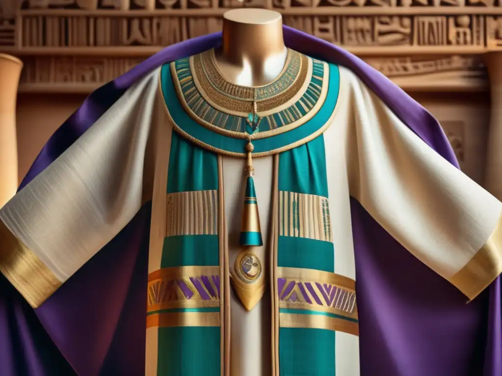 Una deslumbrante vestimenta de lino tejida en el antiguo Egipto, exhibida en un maniquí de madera