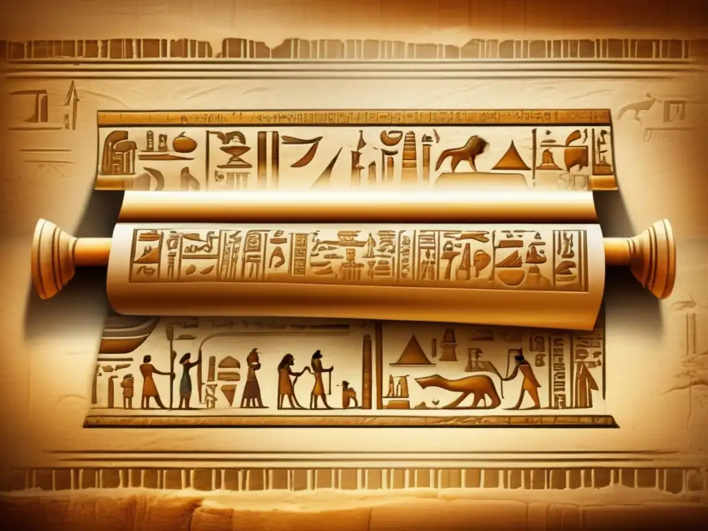 Despliegue cautivador de un antiguo papiro egipcio, con jeroglíficos intrincados que muestran la riqueza cultural y religiosa de la civilización