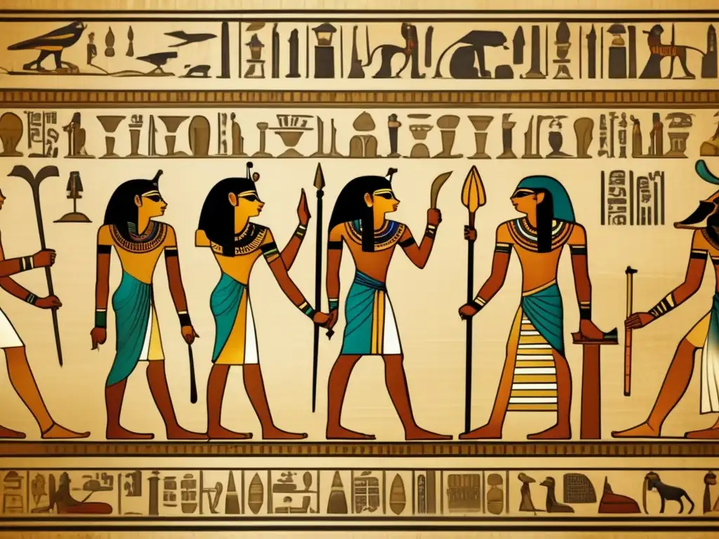 Despliegue delicado de un antiguo papiro egipcio en 8k, revelando jeroglíficos intrincados