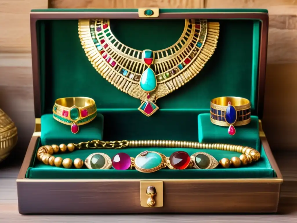 Un despliegue de joyería egipcia moderna y accesorios opulentos en una imagen de alta resolución