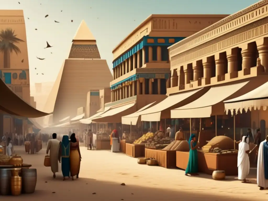 Una detallada ilustración vintage del bullicioso mercado en una ciudad egipcia del Segundo Periodo Intermedio