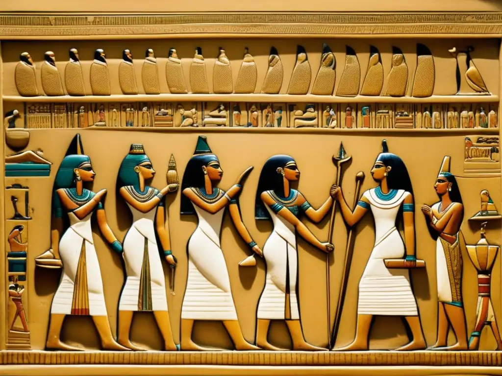 Una detallada imagen de un antiguo artefacto egipcio que muestra a mujeres en diferentes roles durante el Segundo Periodo Intermedio