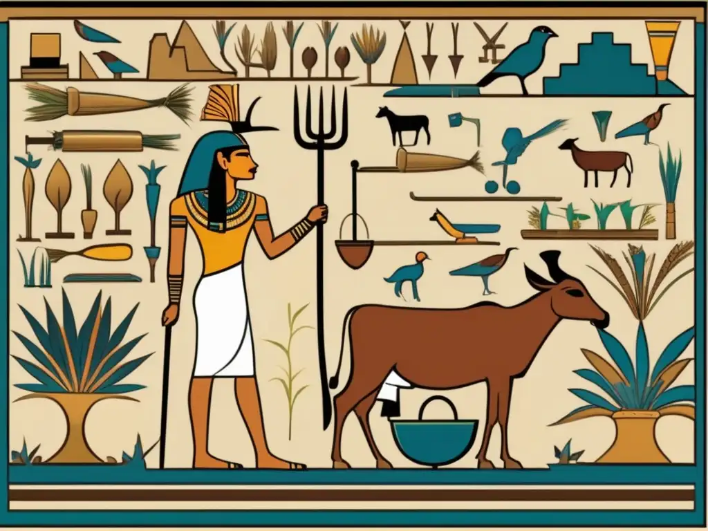 Una detallada imagen de un antiguo jeroglífico egipcio que representa a un agricultor cuidando sus cultivos en el fértil valle del Nilo