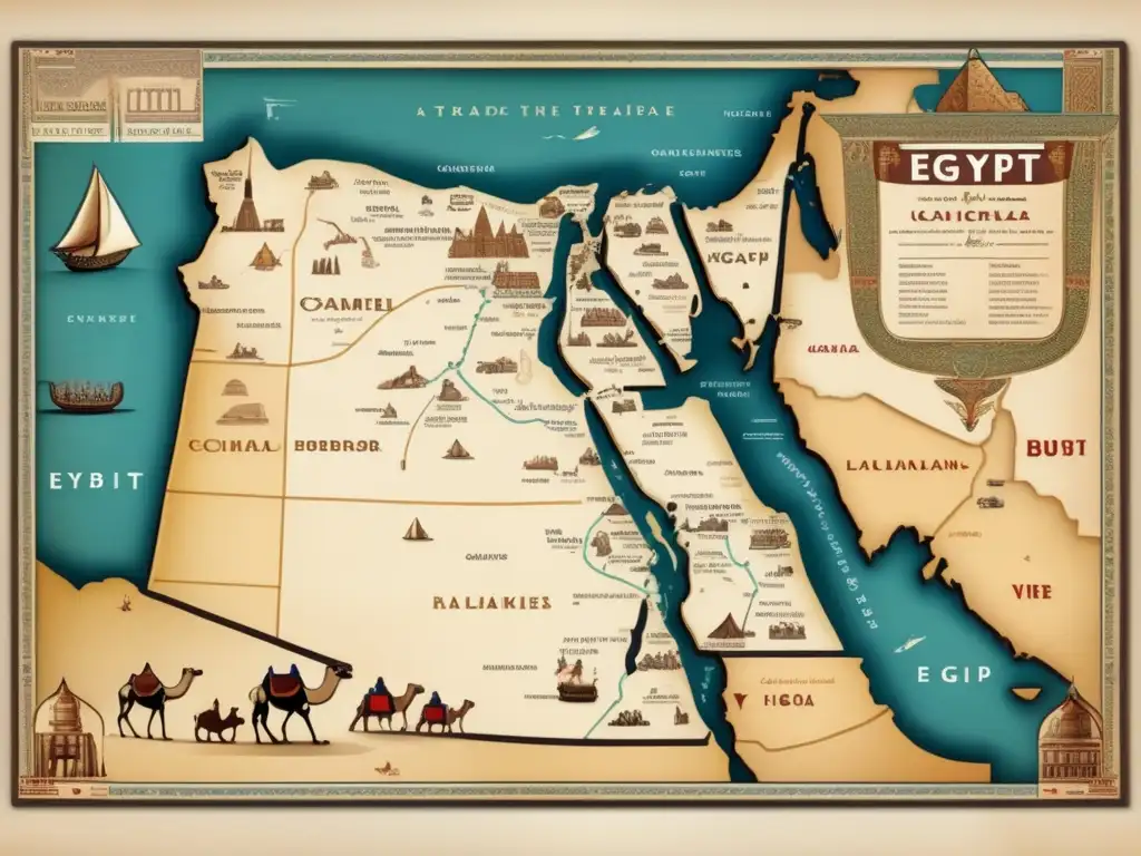 Una detallada imagen de un antiguo mapa de Egipto, con rutas comerciales y llamativas ilustraciones de camellos, caravanas y bulliciosos mercados