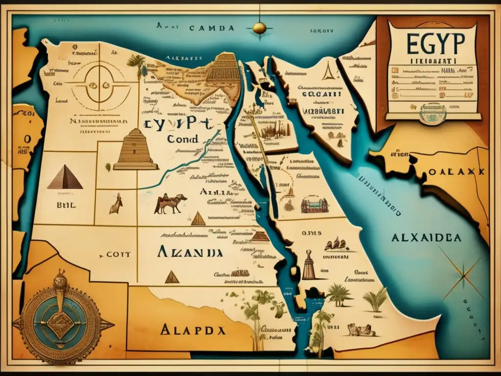 Una detallada imagen en 8k de un antiguo mapa de Egipto que muestra posibles ubicaciones y evidencias de la Tumba de Alejandro Magno