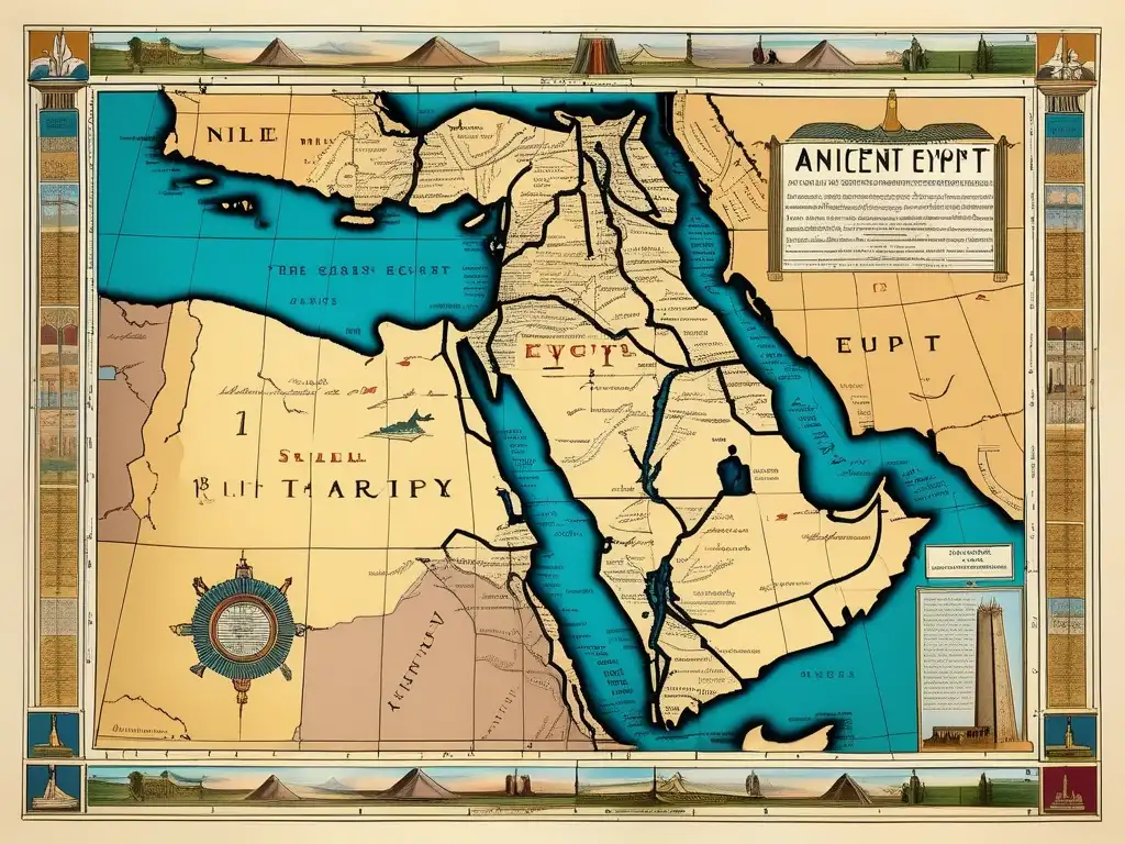 Una detallada imagen de un antiguo mapa de Egipto que muestra las divisiones administrativas y territoriales de la época