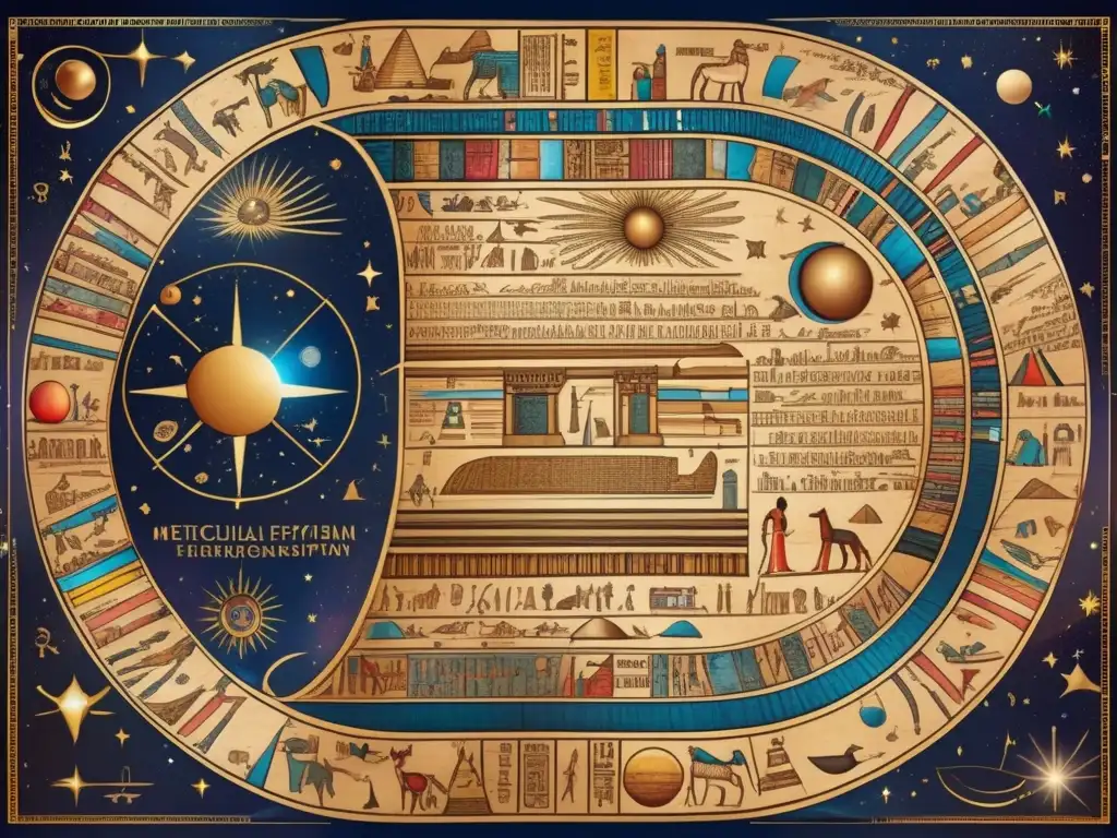 Una detallada imagen en 8K muestra un antiguo mapa celeste egipcio ilustrado en papiro, resaltando la astronomía en el Antiguo Egipto