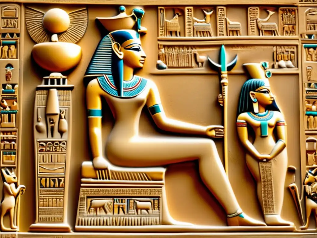 La diosa Mut, madre divina, reina en su trono en una antigua y detallada imagen egipcia Una detallada imagen de un antiguo relieve egipcio que representa a la diosa Mut, Gran Madre Divina, sentada en su trono