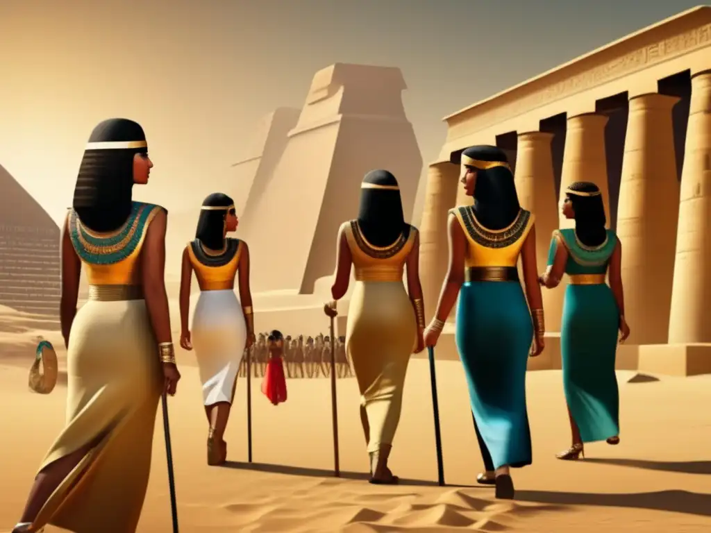 Una detallada imagen en estilo vintage que muestra el papel de la mujer en el segundo periodo intermedio en Egipto