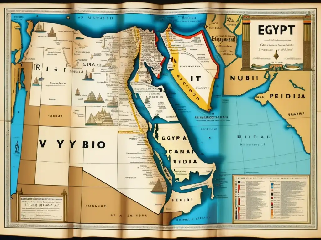 Una detallada imagen de un mapa vintage que muestra las relaciones internacionales de Egipto durante el periodo dinástico