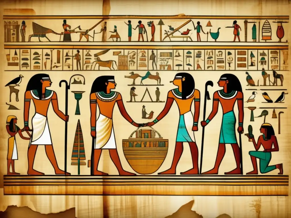 Una detallada imagen en 8K de un papiro antiguo egipcio bien conservado, que muestra ilustraciones intrincadas y textos jeroglíficos