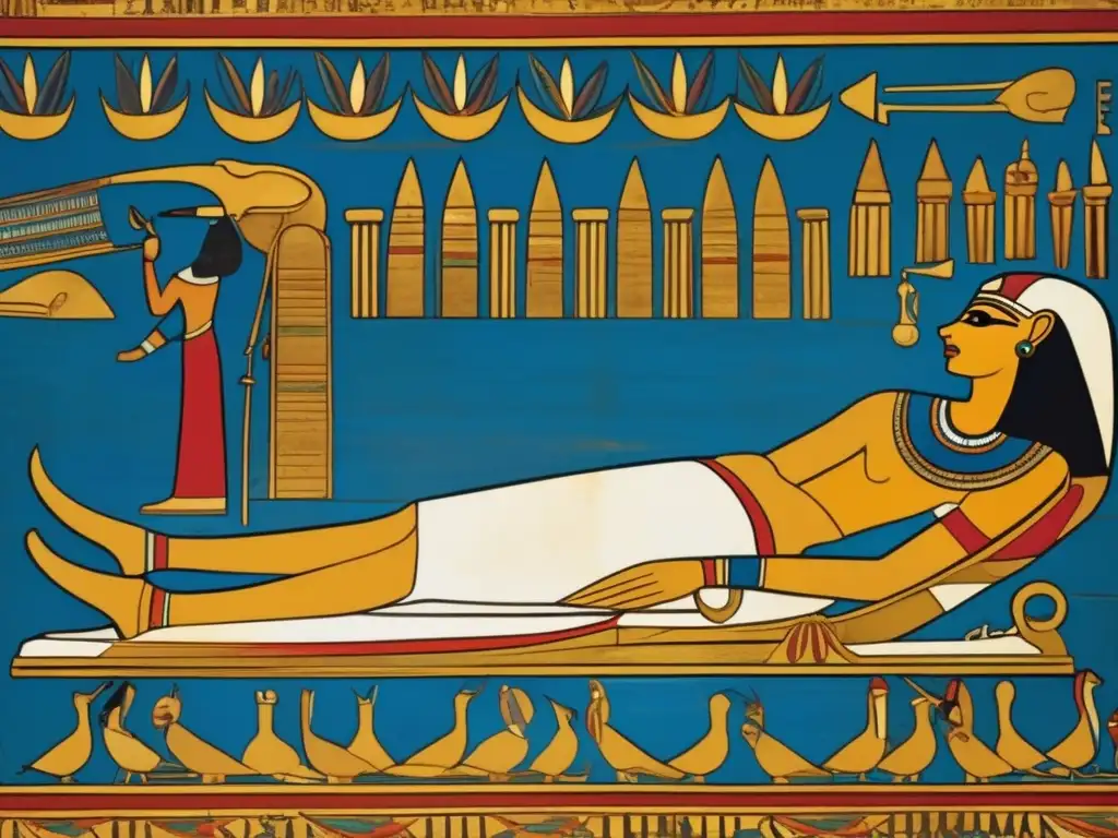 Una detallada imagen de una pintura en una antigua tumba egipcia que representa la muerte mitológica de Ramsés II