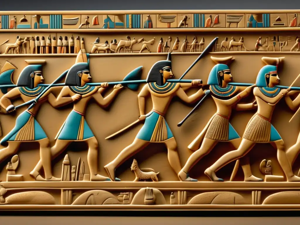 Una detallada imagen 8K muestra un relieve egipcio antiguo con batallas épicas y celebraciones festivas