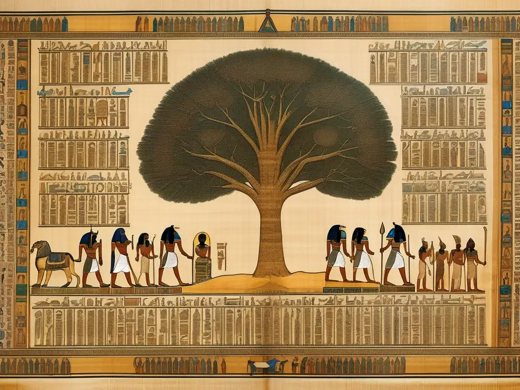 Una detallada imagen ultradetallada de un antiguo papiro egipcio que muestra el árbol genealógico de los faraones en la mitología egipcia