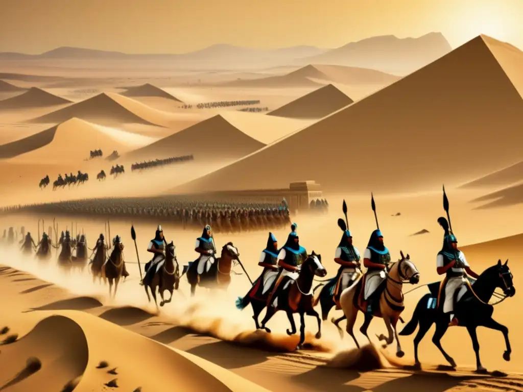 Una detallada imagen vintage muestra una antigua batalla egipcia en el desierto