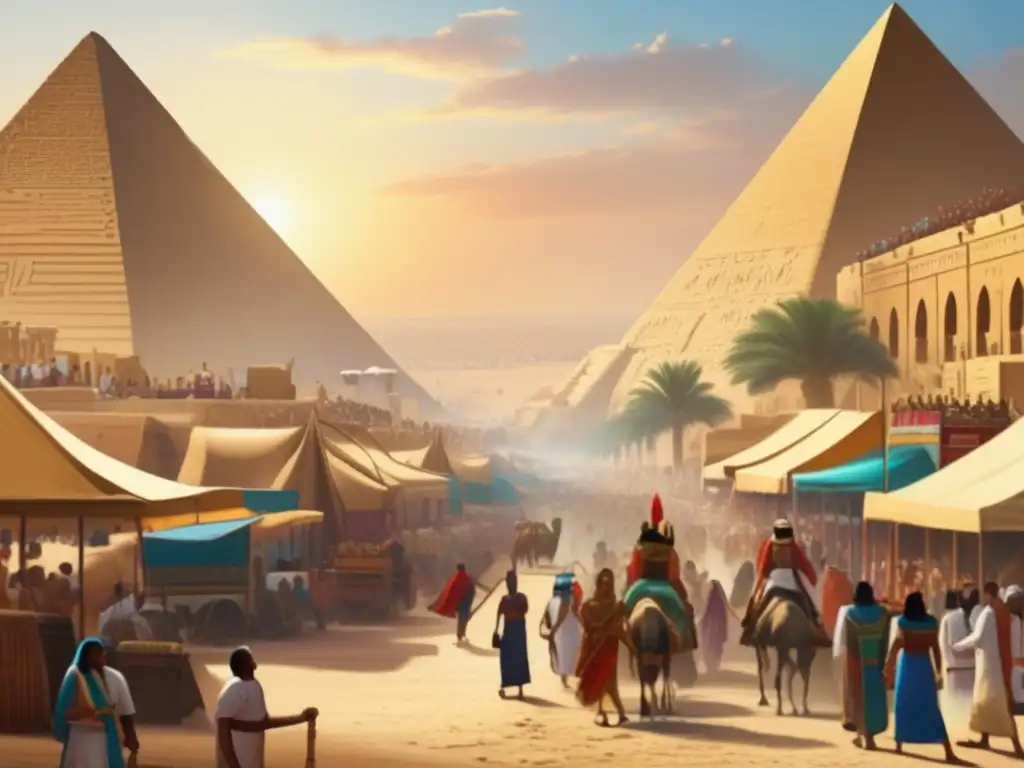 Vibrante sociedad egipcia: calles bulliciosas y pirámides Una detallada imagen vintage que muestra las bulliciosas calles del antiguo Egipto, con imponentes pirámides en segundo plano