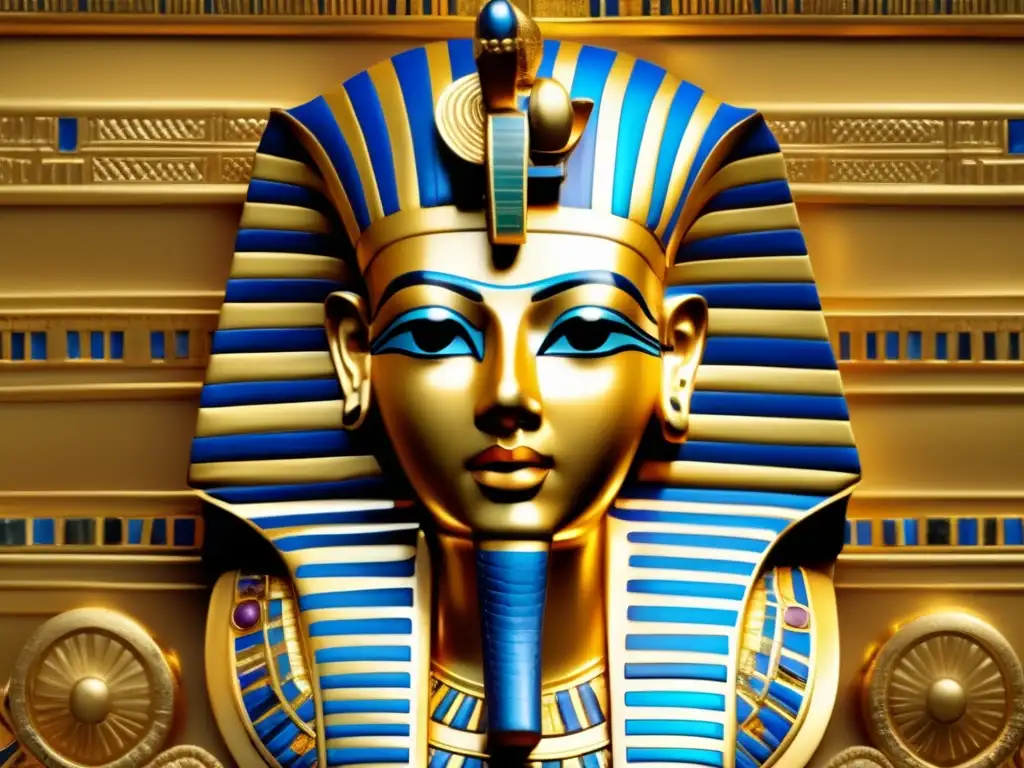 Una detallada imagen vintage de la famosa máscara funeraria de Tutankamón, hecha de oro puro