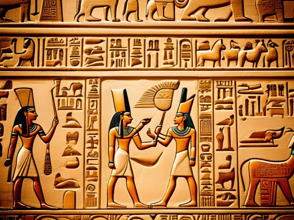 Detallada imagen vintage de las intrincadas inscripciones jeroglíficas en las paredes del Gran Salón Hipóstilo en el Templo de Karnak