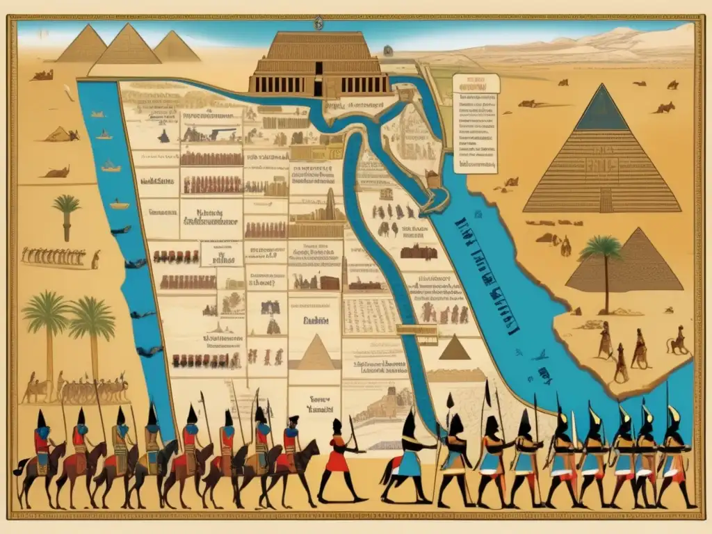 Una detallada imagen vintage muestra un mapa antiguo de Egipto con ilustraciones de guerreros persas y jeroglíficos
