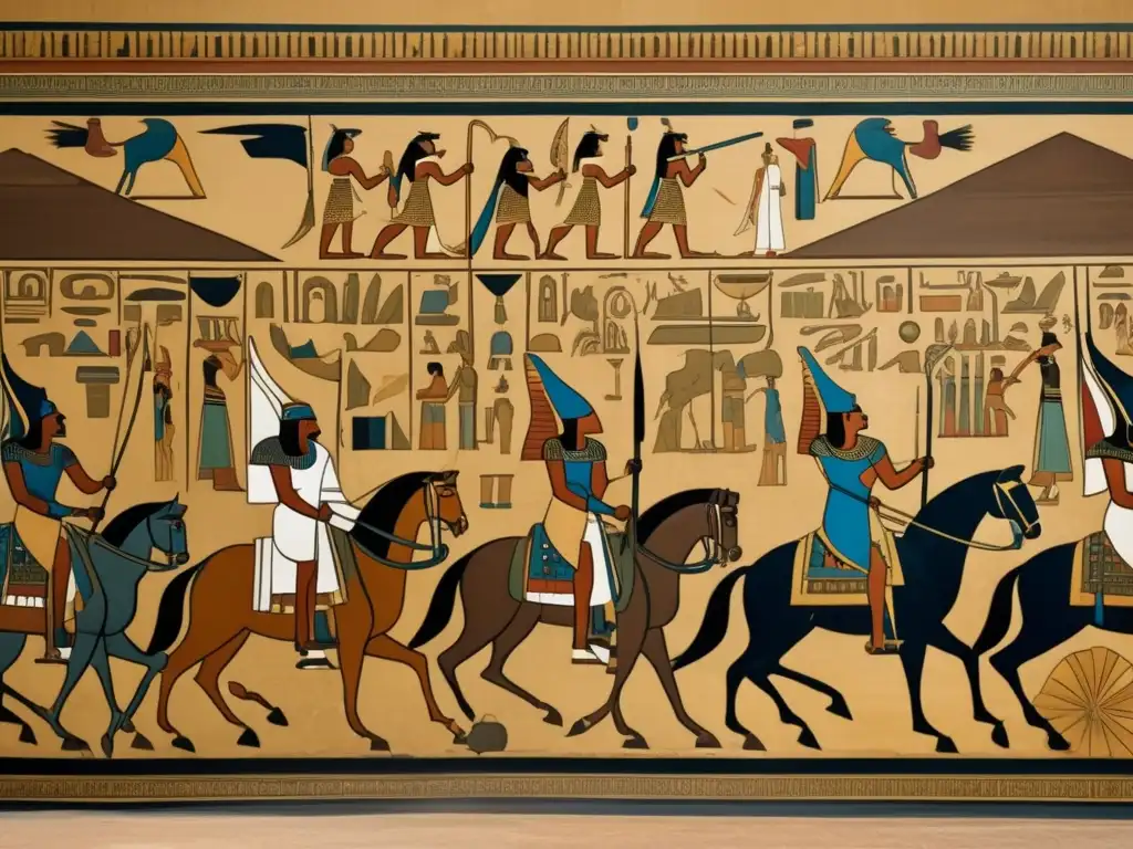 Una detallada imagen vintage muestra un mural egipcio antiguo con representaciones de guerra