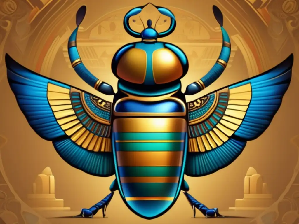 Una ilustración vintage detallada de Khepri, el Dios Escarabajo, simbolismo de Egipto, con colores vibrantes y detalles intrincados