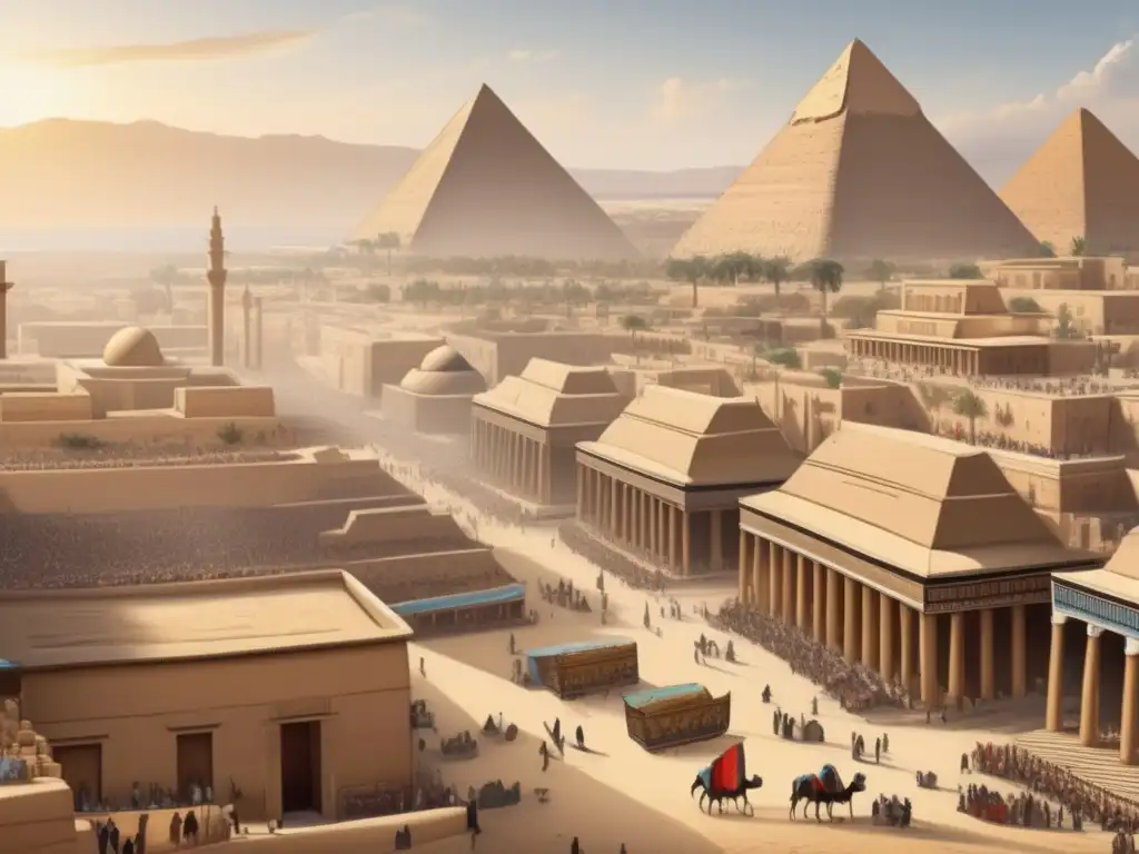 Una ilustración vintage detallada de la majestuosa ciudad de Tebas, capital del antiguo Egipto durante la caída de los dioses
