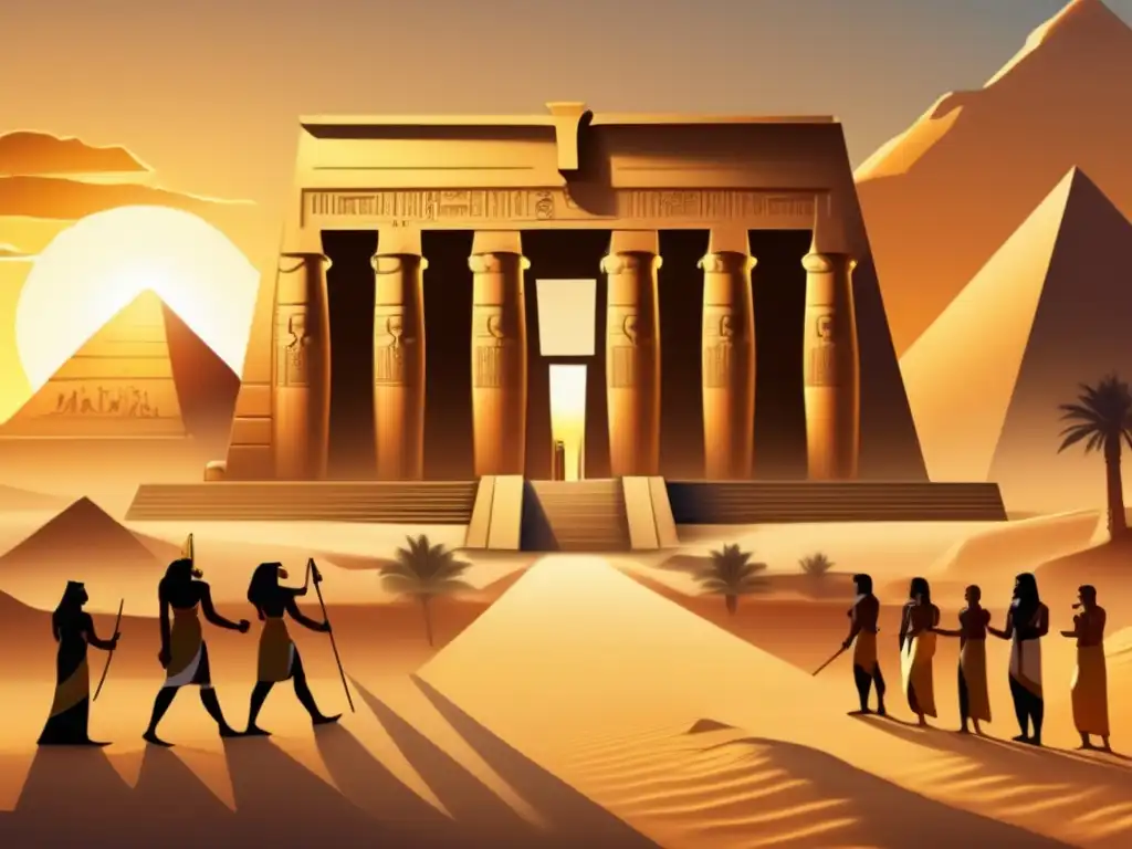 Una ilustración vintage detallada de un majestuoso templo egipcio con jeroglíficos y estatuas de faraones