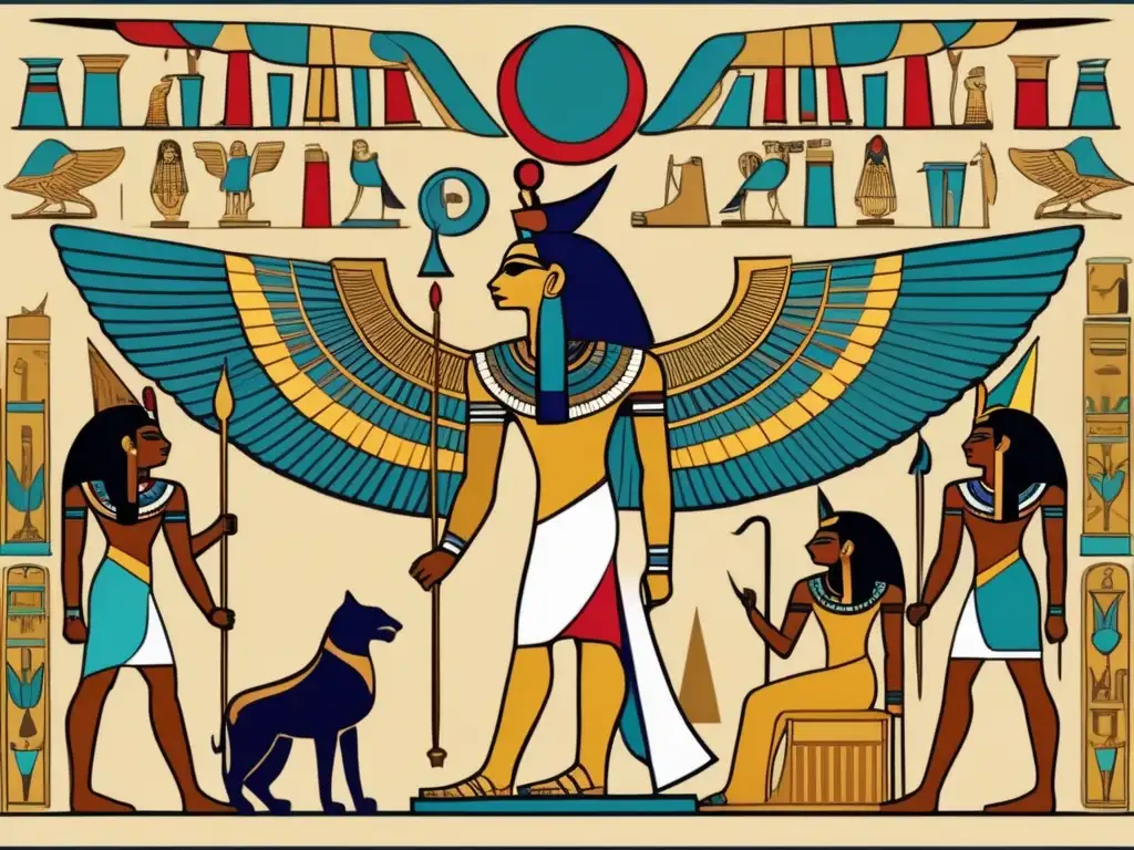 Representación detallada de la Mitología y culto en el Egipto PreDinástico: Deidades egipcias antiguas en ilustración vintage