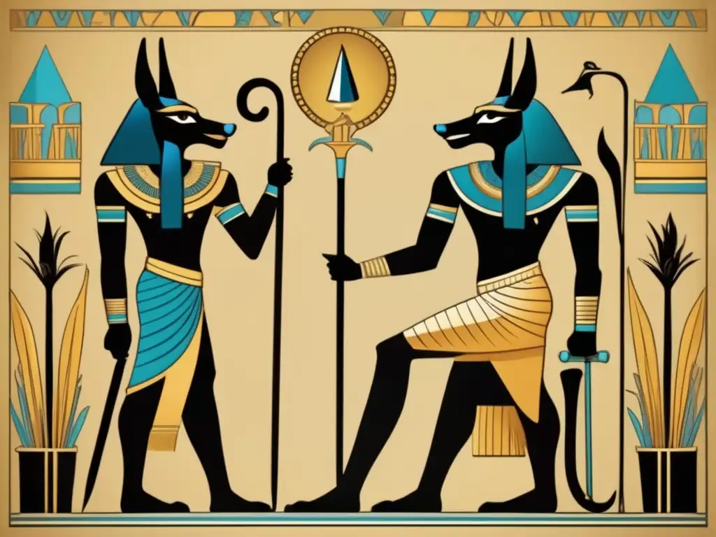 Una ilustración vintage detallada de Anubis y Osiris, guardianes del más allá en la mitología egipcia