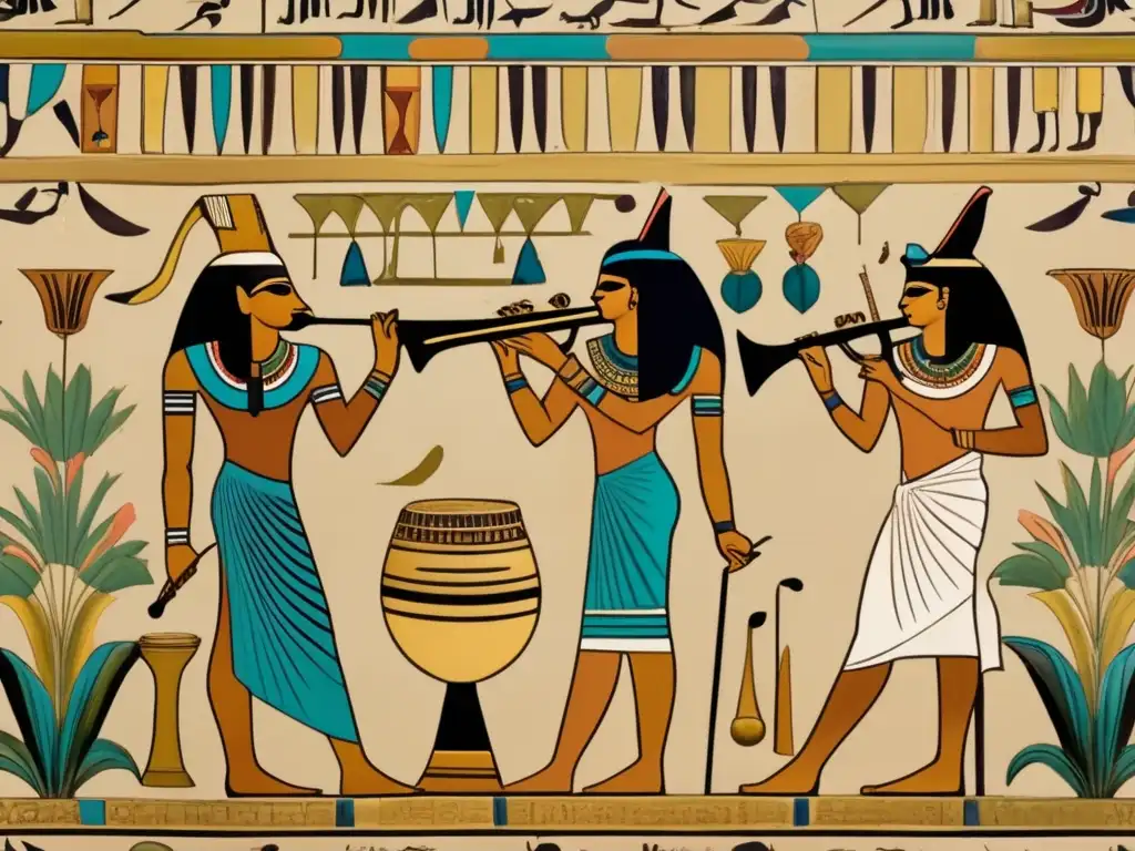 Una detallada pintura egipcia muestra músicos con instrumentos tradicionales en un exuberante jardín